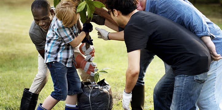 Men from several generations plant a tree together.